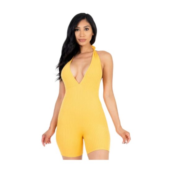 Women's Rib Knit Romper, Halter Neck, V-Cut Design, Stretch Fit Gold - Picture 1 of 3